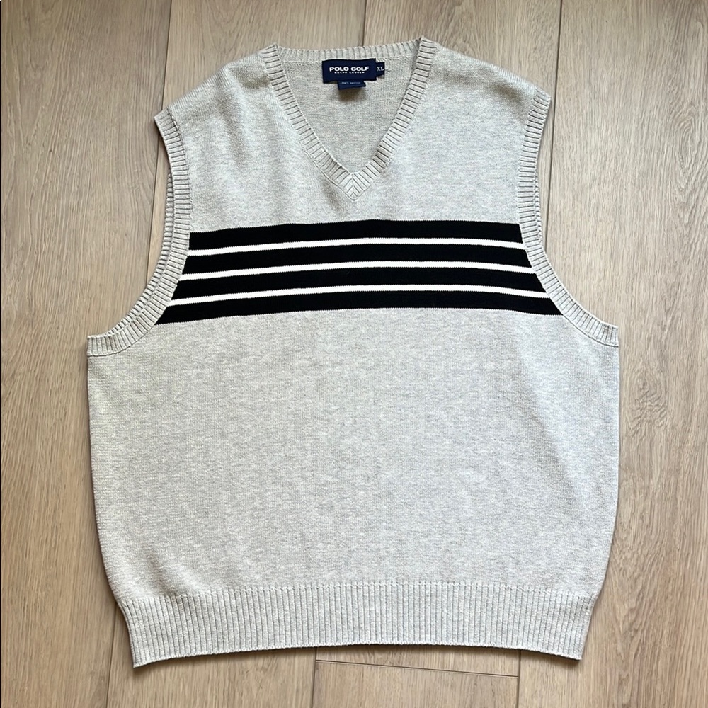 Polo Golf Ralph Lauren Gray and Black Striped Sweater Vest V-neck Size XL